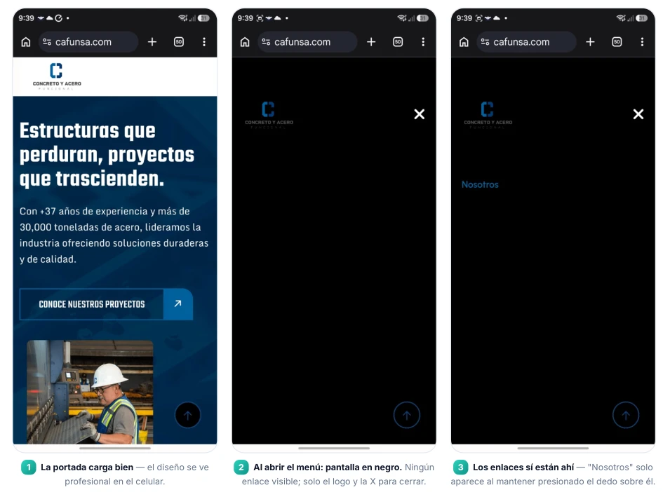Tres capturas de cafunsa.com en celular: la portada, el menú abierto en negro y el enlace Nosotros apareciendo solo al mantener presionado