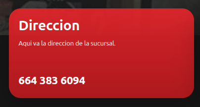 Tarjeta de sucursal mostrando el texto Aqui va la direccion de la sucursal sin rellenar